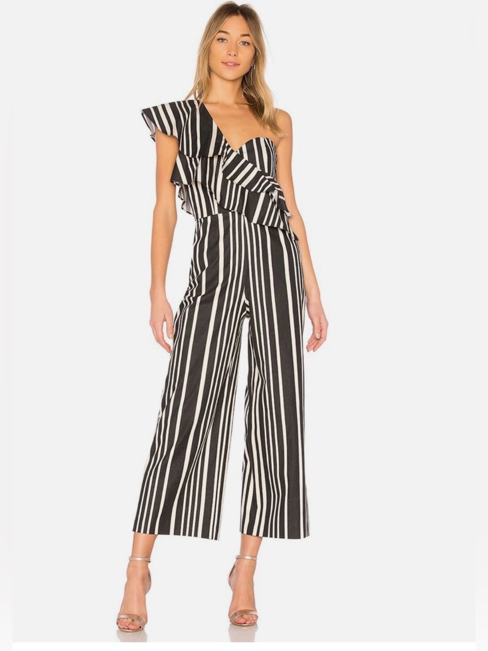 Alice + Olivia Black and White One-Shoulder Striped Jumpsuit